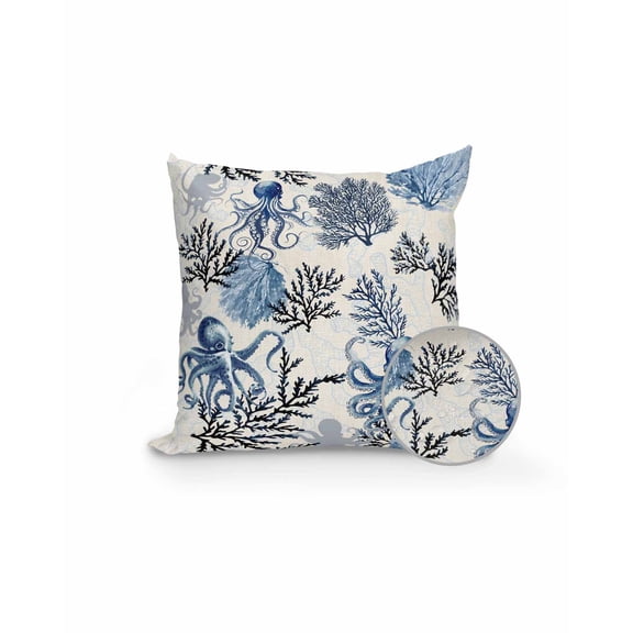 1 Pack Outdoor Pillows Waterproof, Vintage Octopus Coastal Indoor/Outdoor Throw Pillows with Inserts, Navy Blue Nautical Summer Ocean Decorative Pillow for Patio Furniture Chairs Couch