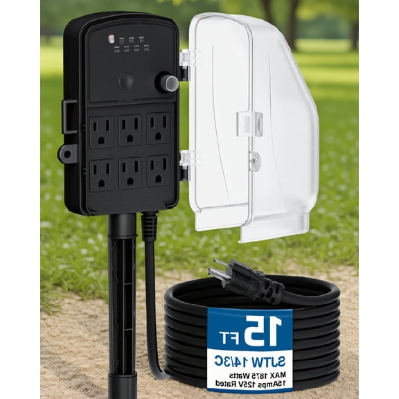 1-Pack Outdoor Stake Timer with 15FT Extension Cord, 6 Grounded Outlets, Dusk to Dawn, 15A, Black