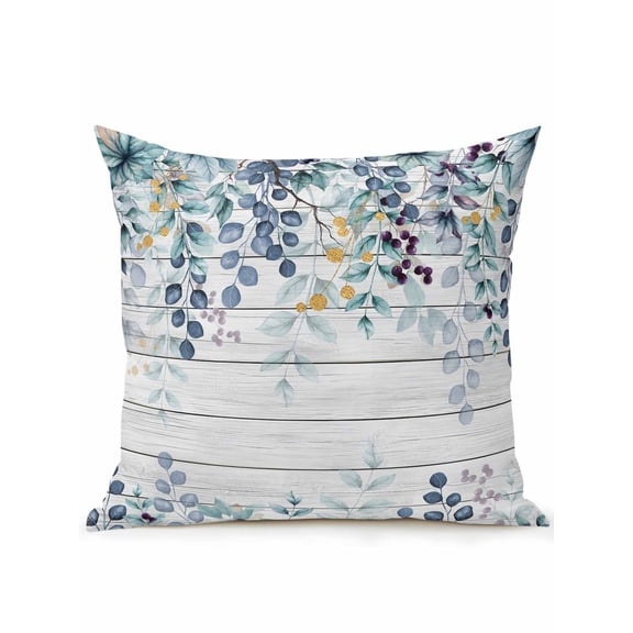 1 Pack Outdoor Throw Pillow, Blue Eucalyptus Leaves Waterproof Pillow with Insert Included, Summer Botanical Wooden Weeping Decorative Accent Cushion Sofa Pillows for Patio Porch, 16 x 16 In