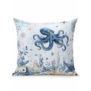 1 Pack Outdoor Throw Pillow, Blue Octopus Coastal Waterproof Pillow with Insert Included, Beach Starfish Nautical Coral Botanical Decorative Accent Cushion Sofa Pillows for Patio Porch, 18 x 18 In