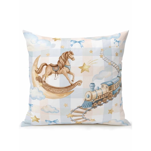 1 Pack Outdoor Throw Pillow, Blue Pink Waterproof Pillow with Insert Included, Cute Hobbyhorse Train Cloud Plaid Decorative Accent Cushion Sofa Pillows for Patio Porch, 16 x 16 In