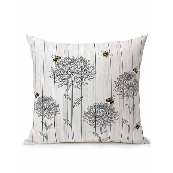 1 Pack Outdoor Throw Pillow, Bumble Bee Flowers Waterproof Pillow with Insert Included, Farmhouse Animals Flowers Wooden Grain Decorative Accent Cushion Sofa Pillows for Patio Porch, 16 x 16 In