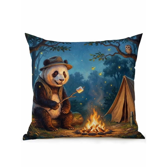1 Pack Outdoor Throw Pillow, Camping Panda Waterproof Pillow with Insert Included, Abstract Cute Animal Tent Owl Night Decorative Accent Cushion Sofa Pillows for Patio Porch, 16 x 16 In