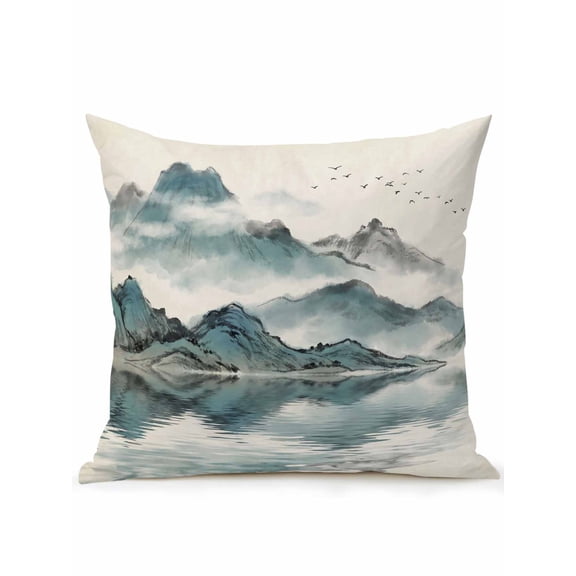 1 Pack Outdoor Throw Pillow, Chinese Ink Mountain Waterproof Pillow with Insert Included, Abstract Art Lake Landscape Decorative Accent Cushion Sofa Pillows for Patio Porch, 16 x 16 In
