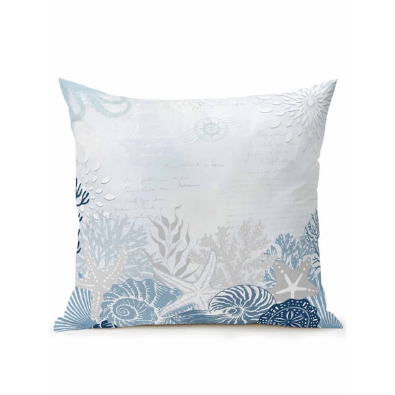 1 Pack Outdoor Throw Pillow, Coastal Coral Waterproof Pillow with Insert Included, Ocean Starfish Beach Conch Mist Lake Blue Marine Decorative Accent Cushion Sofa Pillows for Patio Porch, 16 x 16 In