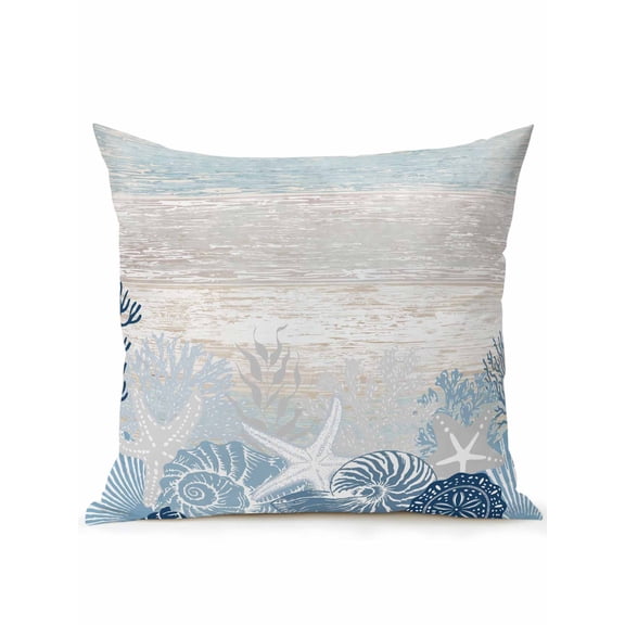 1 Pack Outdoor Throw Pillow, Coastal Coral Waterproof Pillow with Insert Included, Ocean Starfish Beach Conch Mist Lake Blue Wood Decorative Accent Cushion Sofa Pillows for Patio Porch, 16 x 16 In