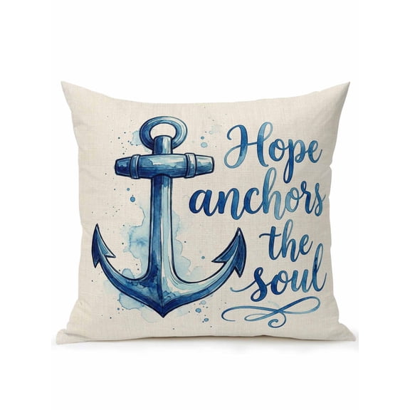 1 Pack Outdoor Throw Pillow, Coastal Nautical Waterproof Pillow with Insert Included, Summer Watercolor Anchor Blue Beige Decorative Accent Cushion Sofa Pillows for Patio Porch, 16 x 16 In