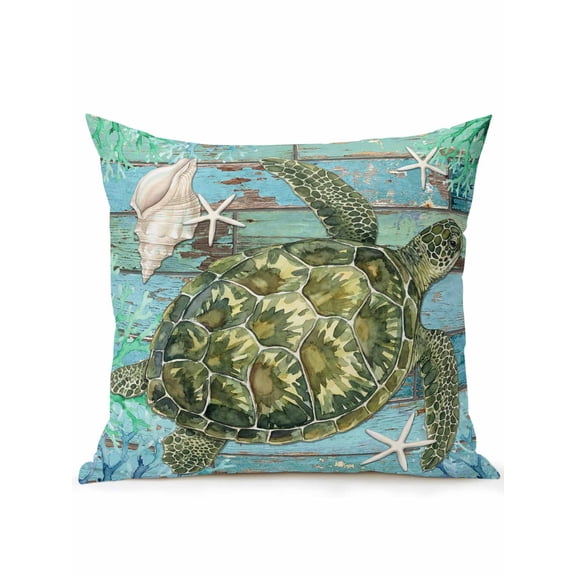 1 Pack Outdoor Throw Pillow, Coastal Sea Turtle Waterproof Pillow with Insert Included, Summer Beach Conch Teal Blue Wood Decorative Accent Cushion Sofa Pillows for Patio Porch, 16 x 16 In