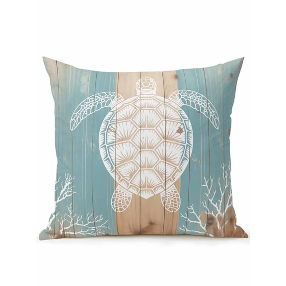 1 Pack Outdoor Throw Pillow, Coastal Sea Turtle Waterproof Pillow with Insert Included, Summer Coral Ocean Vintage Wood Decorative Accent Cushion Sofa Pillows for Patio Porch, 16 x 16 In