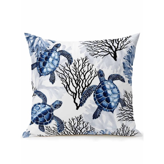 1 Pack Outdoor Throw Pillow, Coastal Sea Turtles Waterproof Pillow with Insert Included, Blue Summer Coral Ocean Beach Decorative Accent Cushion Sofa Pillows for Patio Porch, 16 x 16 In