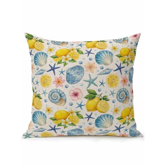 1 Pack Outdoor Throw Pillow, Coastal Waterproof Pillow with Insert Included, Summer Lemon Flower Shell Starfish Rustic Decorative Accent Cushion Sofa Pillows for Patio Porch, 16 x 16 In