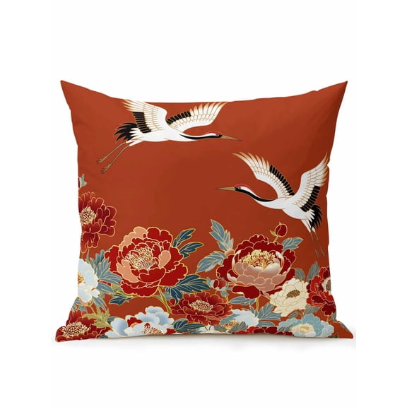 1 Pack Outdoor Throw Pillow, Country Flowers Waterproof Pillow with Insert Included, Red Japanese Peony Floral White Bird Decorative Accent Cushion Sofa Pillows for Patio Porch, 16 x 16 In