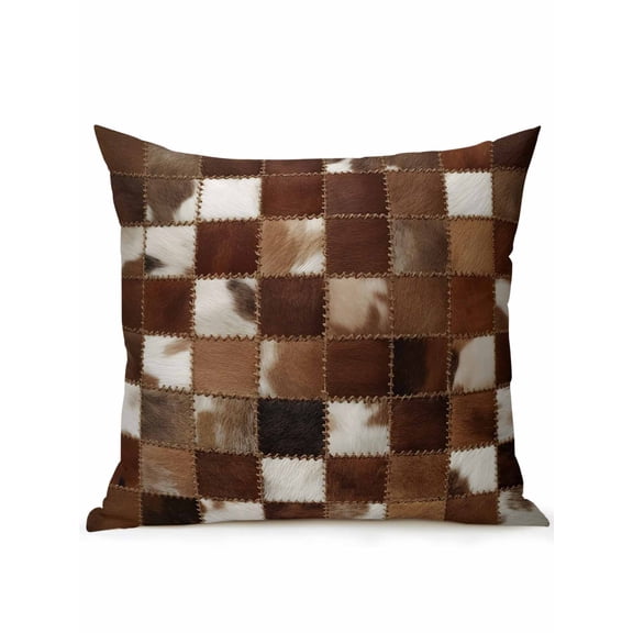 1 Pack Outdoor Throw Pillow, Cow Fur Print Waterproof Pillow with Insert Included, Farmhouse Patchwork Western Cowhide Brown Decorative Accent Cushion Sofa Pillows for Patio Porch, 16 x 16 In
