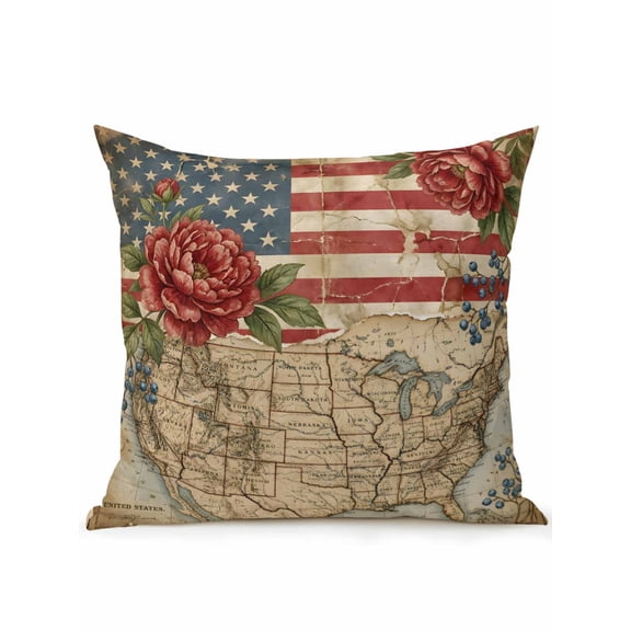 1 Pack Outdoor Throw Pillow, Distressed American Flag Waterproof Pillow with Insert Included, Vintage Rustic Merican Map Abstract Decorative Accent Cushion Sofa Pillows for Patio Porch, 16 x 16 In
