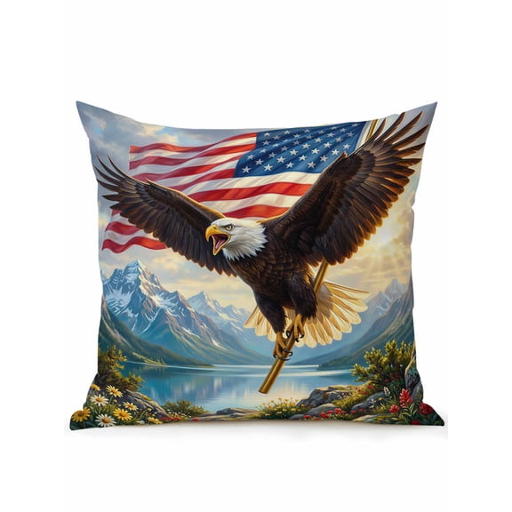 1 Pack Outdoor Throw Pillow, Eagle American Flag Waterproof Pillow with Insert Included, Mountain Flowers Sky Nature Scenery Decorative Accent Cushion Sofa Pillows for Patio Porch, 16 x 16 In