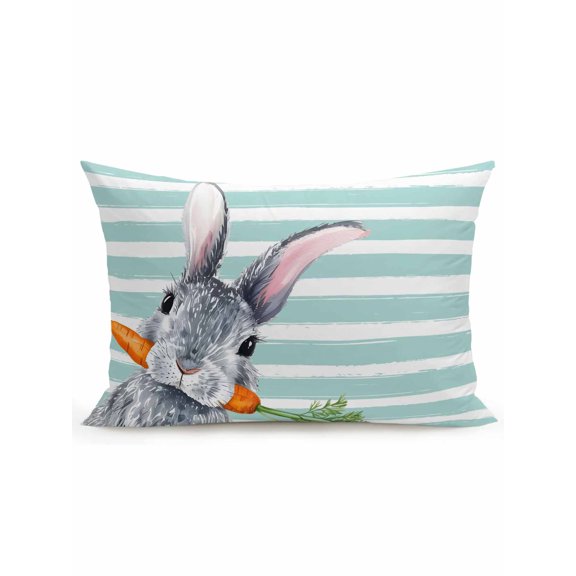 1 Pack Outdoor Throw Pillow, Easter Bunny Waterproof Pillow with Insert Included, Spring Rabbit Carrot Turquoise Striped Decorative Accent Cushion Lumbar Pillows for Patio Porch, 12 x 20 In