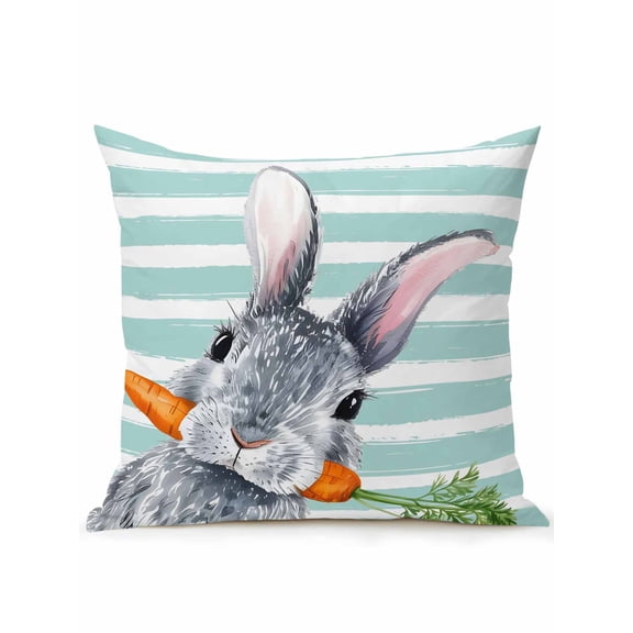 1 Pack Outdoor Throw Pillow, Easter Bunny Waterproof Pillow with Insert Included, Spring Rabbit Carrot Turquoise Striped Decorative Accent Cushion Sofa Pillows for Patio Porch, 16 x 16 In