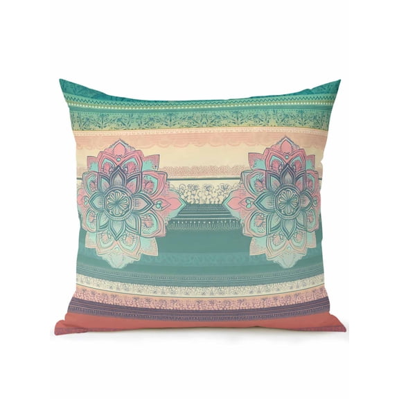 1 Pack Outdoor Throw Pillow, Ethnic Boho Floral Waterproof Pillow with Insert Included, Turquoise Pink Gradient Stripes Decorative Accent Cushion Sofa Pillows for Patio Porch, 18 x 18 In