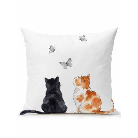 1 Pack Outdoor Throw Pillow, Funny Cat Waterproof Pillow with Insert Included, Simple Orange Black Cats Grey Butterfly Decorative Accent Cushion Sofa Pillows for Patio Porch, 16 x 16 In