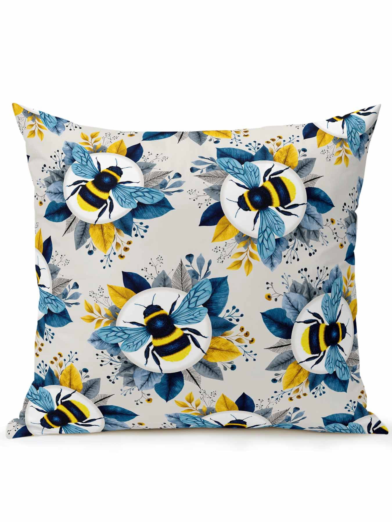 1 Pack Outdoor Throw Pillow, Gray Bees Farmhouse Waterproof Pillow with Insert Included, Spring Summer Botanical Flowers Decorative Accent Cushion Sofa Pillows for Patio Porch, 18 x 18 In