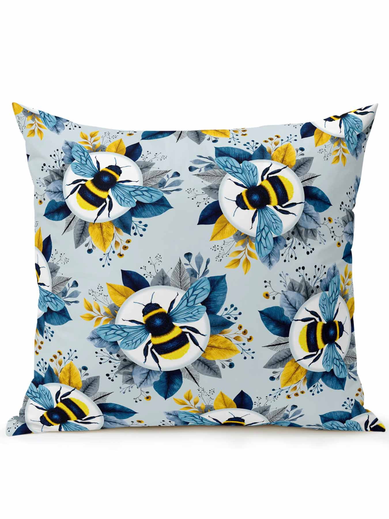1 Pack Outdoor Throw Pillow, Gray Blue Bees Farmhouse Waterproof Pillow with Insert Included, Spring Summer Botanical Flowers Decorative Accent Cushion Sofa Pillows for Patio Porch, 16 x 16 In