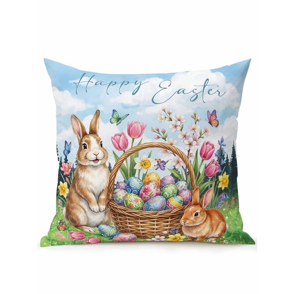 1 Pack Outdoor Throw Pillow, Happy Easter Waterproof Pillow with Insert Included, Spring Cute Rabbits Eggs Floral Plants Watercolor Decorative Accent Cushion Sofa Pillows for Patio Porch, 16 x 16 In
