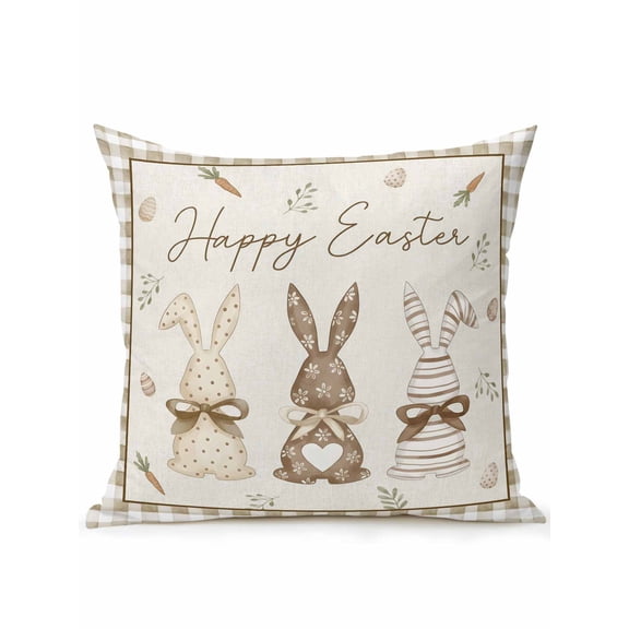 1 Pack Outdoor Throw Pillow, Happy Easter Waterproof Pillow with Insert Included, Spring Easter Eggs Bunny Carrot Brown Palid Decorative Accent Cushion Sofa Pillows for Patio Porch, 16 x 16 In