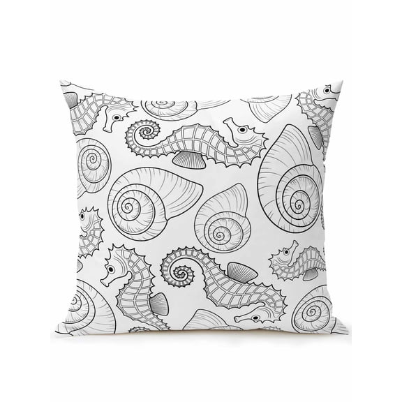 1 Pack Outdoor Throw Pillow, Line Drawing Seahorse Waterproof Pillow with Insert Included, Summer Coastal Nautical Shell Decorative Accent Cushion Sofa Pillows for Patio Porch, 16 x 16 In