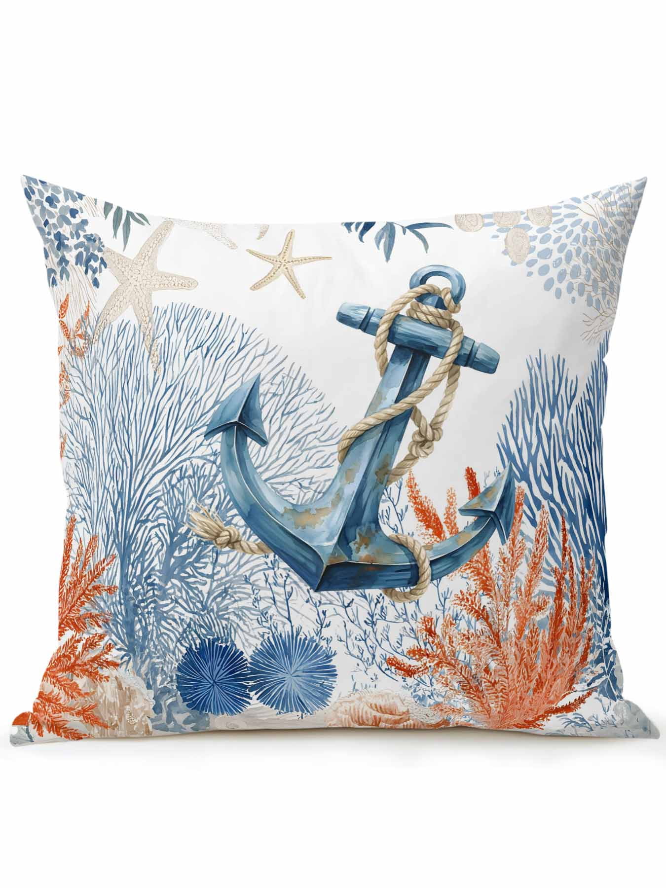 1 Pack Outdoor Throw Pillow, Nautical Anchor Waterproof Pillow with Insert Included, Blue Coastal Starfish Coral Leaves Decorative Accent Cushion Sofa Pillows for Patio Porch, 16 x 16 In