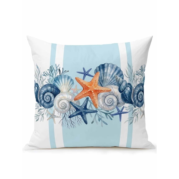 1 Pack Outdoor Throw Pillow, Nautical Coastal Waterproof Pillow with Insert Included, Summer Marine Coral Starfish Conch Blue Decorative Accent Cushion Sofa Pillows for Patio Porch, 16 x 16 In