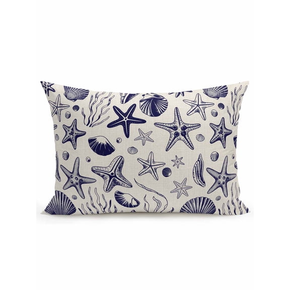 1 Pack Outdoor Throw Pillow, Navy Blue Coastal Waterproof Pillow with Insert Included, Summer Beach Ocean Coral Shell Rustic Decorative Accent Cushion Lumbar Pillows for Patio Porch, 12 x 20 In