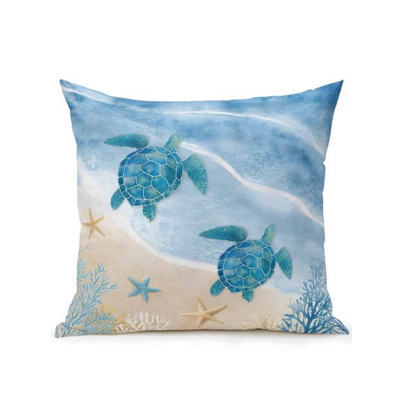 1 Pack Outdoor Throw Pillow, Navy Blue Turtle Coastal Waterproof Pillow with Insert Included, Waves Seaside Summer Beach Ocean Decorative Accent Cushion Sofa Pillows for Patio Porch, 16 x 16 In