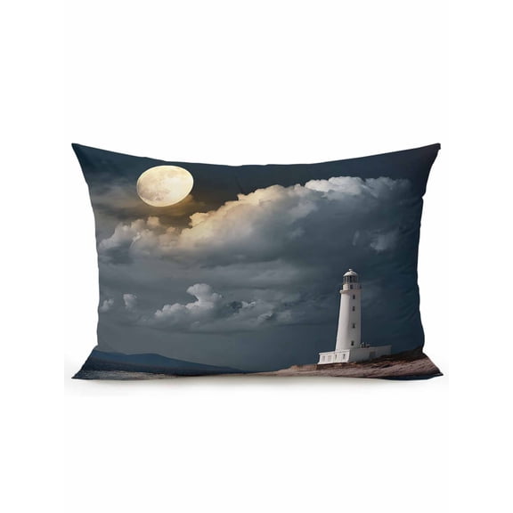 1 Pack Outdoor Throw Pillow, Night Seaside Lighthouse Waterproof Pillow with Insert Included, Coastal Moonlight Ocean Decorative Accent Cushion Lumbar Pillows for Patio Porch, 12 x 20 In