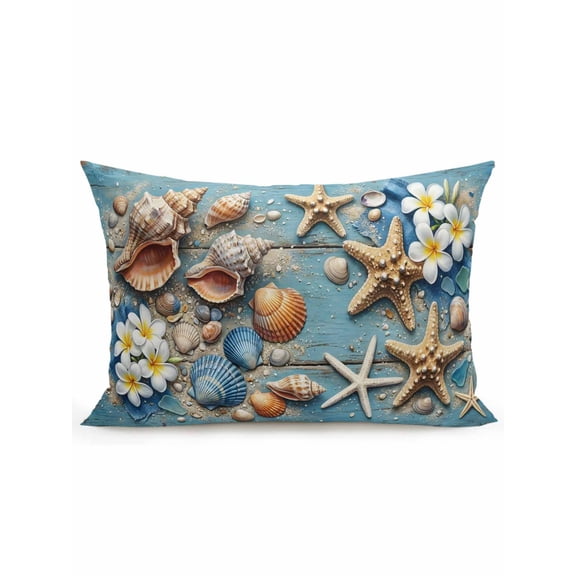 1 Pack Outdoor Throw Pillow, Ocean Beach Shells Waterproof Pillow with Insert Included, Vintage Coastal Conch Starfish Flower Blue Decorative Accent Cushion Lumbar Pillows for Patio Porch, 12 x 20 In
