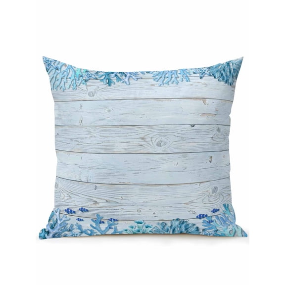 1 Pack Outdoor Throw Pillow, Ocean Coral Waterproof Pillow with Insert Included, Summer Underwater Marine Starfish Wooden Blue Decorative Accent Cushion Sofa Pillows for Patio Porch, 16 x 16 In