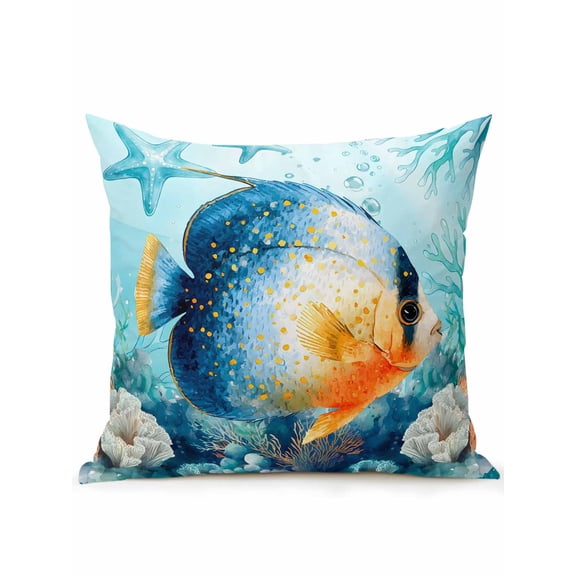 1 Pack Outdoor Throw Pillow, Ombre Blue Fish Waterproof Pillow with Insert Included, Summer Ocean Sea Starfish Corals Teal Decorative Accent Cushion Sofa Pillows for Patio Porch, 16 x 16 In