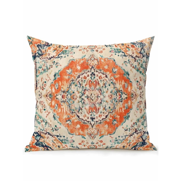 1 Pack Outdoor Throw Pillow, Orange Beige Boho Waterproof Pillow with Insert Included, Vintage Ethnic Abstract Art Floral Decorative Accent Cushion Sofa Pillows for Patio Porch, 16 x 16 In