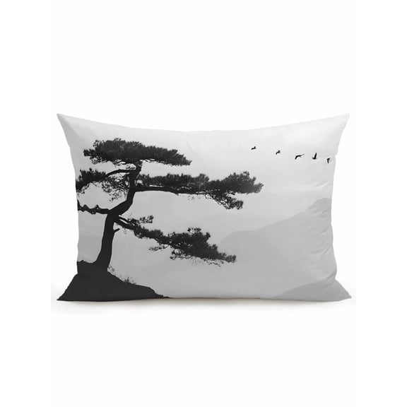1 Pack Outdoor Throw Pillow, Pine Trees Waterproof Pillow with Insert Included, Modern Nature Foreset Mountains Birds Decorative Accent Cushion Lumbar Pillows for Patio Porch, 12 x 20 In
