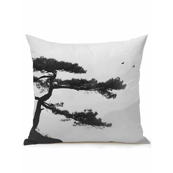1 Pack Outdoor Throw Pillow, Pine Trees Waterproof Pillow with Insert Included, Modern Nature Foreset Mountains Birds Decorative Accent Cushion Sofa Pillows for Patio Porch, 16 x 16 In