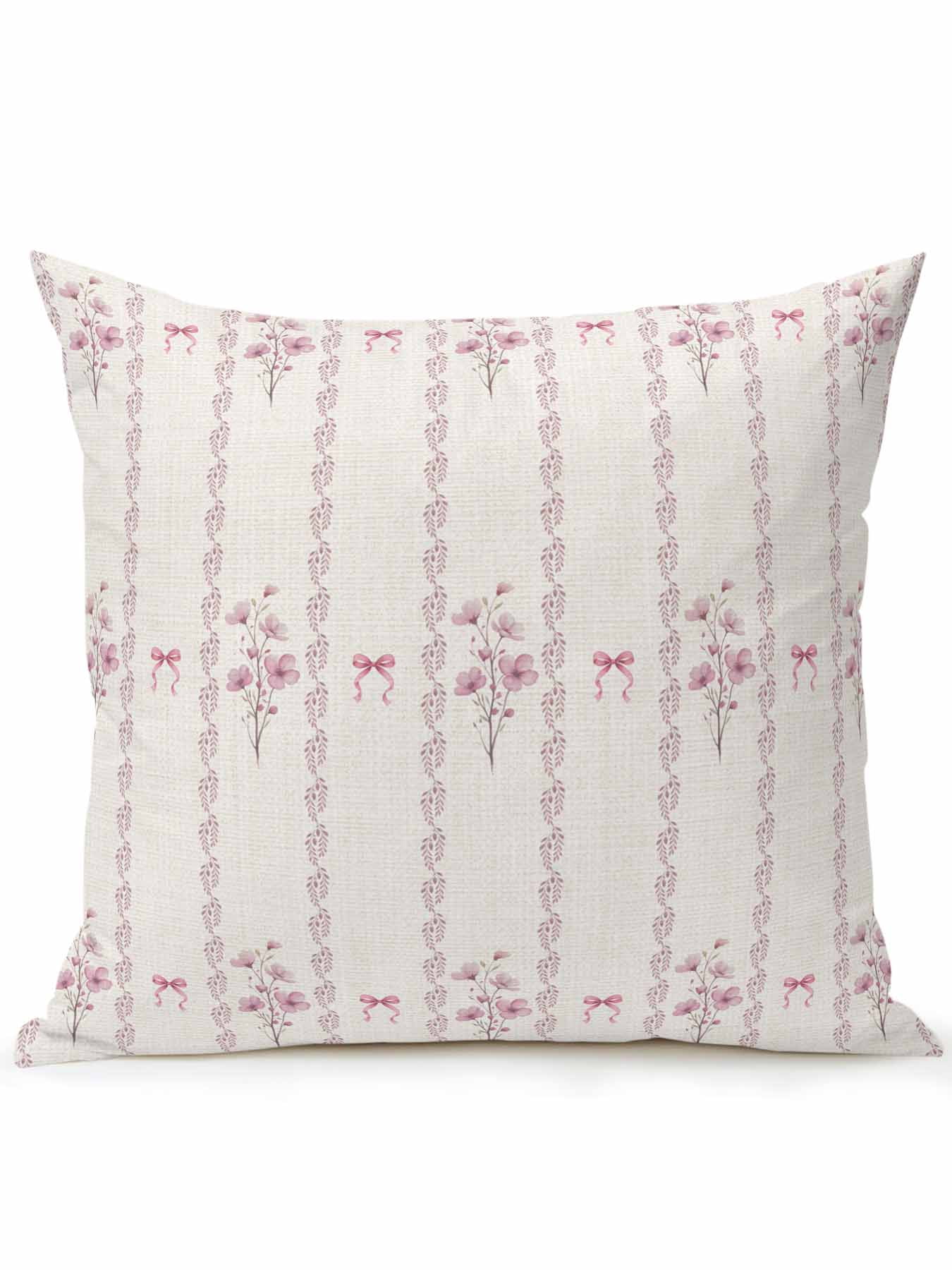 1 Pack Outdoor Throw Pillow, Pink Floral Waterproof Pillow with Insert Included, Spring Watercolor Flowers Leaf Bows Beige Decorative Accent Cushion Sofa Pillows for Patio Porch, 18 x 18 In