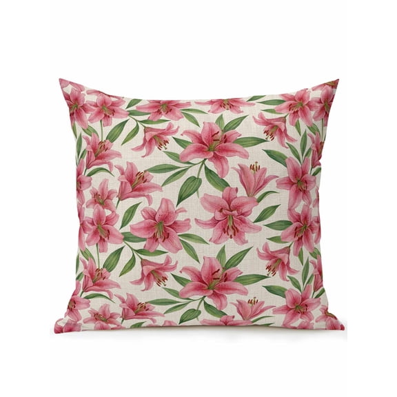 1 Pack Outdoor Throw Pillow, Pink Flowers Waterproof Pillow with Insert Included, Spring Floral Elegant Pastoral Rustic Decorative Accent Cushion Sofa Pillows for Patio Porch, 16 x 16 In
