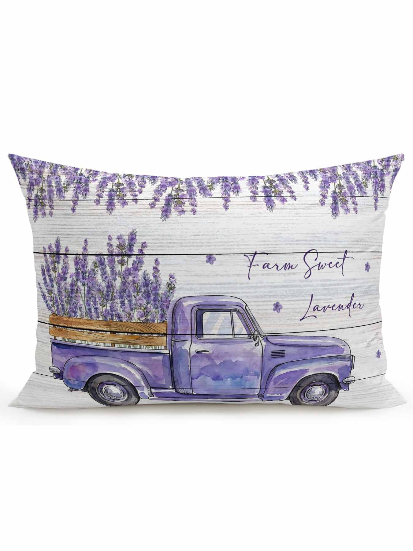 1 Pack Outdoor Throw Pillow, Purple Floral Waterproof Pillow with Insert Included, Spring Farmhouse Lavender Truck Wooden Gray Decorative Accent Cushion Lumbar Pillows for Patio Porch, 12 x 20 In