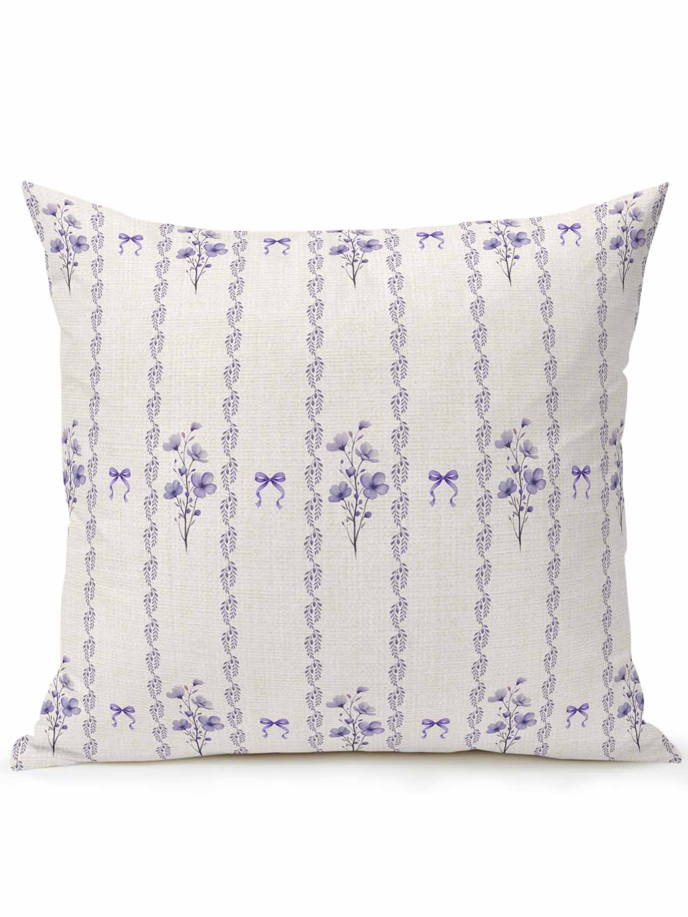 1 Pack Outdoor Throw Pillow, Purple Flowers Waterproof Pillow with Insert Included, Spring Floral Bows Lines Vintage Beige Decorative Accent Cushion Sofa Pillows for Patio Porch, 16 x 16 In