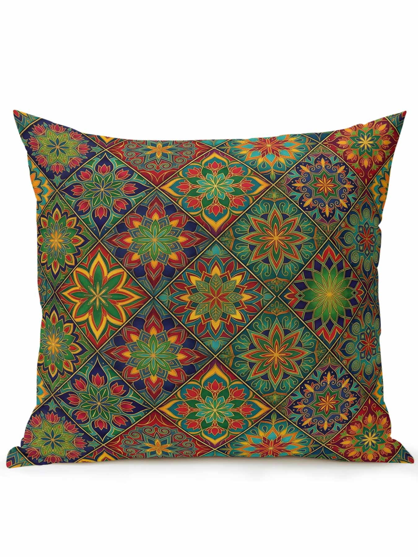 1 Pack Outdoor Throw Pillow, Retro Boho Waterproof Pillow with Insert Included, Green Blue Red Ethnic Floral Geometric Abstract Decorative Accent Cushion Sofa Pillows for Patio Porch, 18 x 18 In