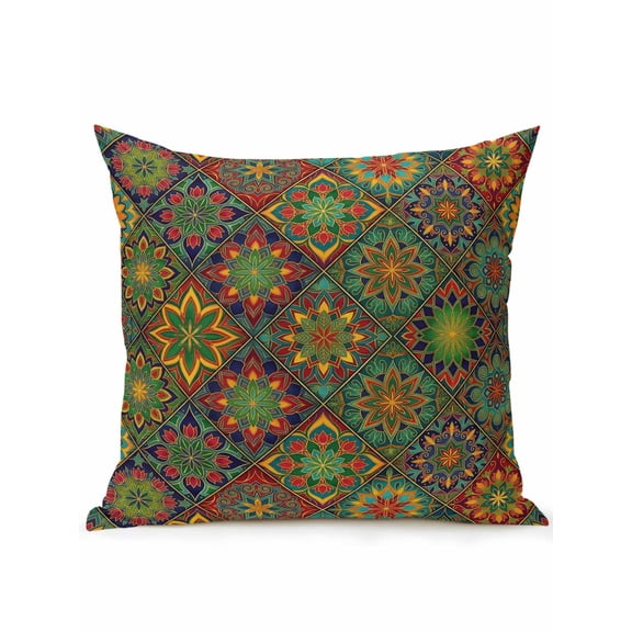 1 Pack Outdoor Throw Pillow, Retro Boho Waterproof Pillow with Insert Included, Green Blue Red Ethnic Floral Geometric Abstract Decorative Accent Cushion Sofa Pillows for Patio Porch, 18 x 18 In