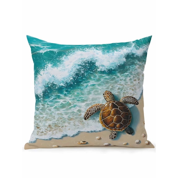 1 Pack Outdoor Throw Pillow, Sea Turtle Seaside Waterproof Pillow with Insert Included, Waves Summer Beach Ocean Coastal Decorative Accent Cushion Sofa Pillows for Patio Porch, 16 x 16 In