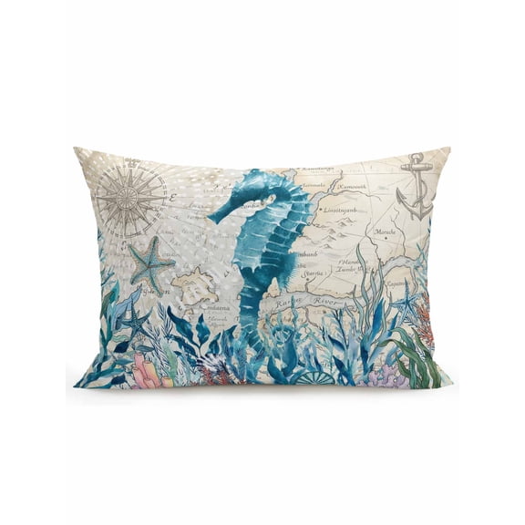 1 Pack Outdoor Throw Pillow, Seahorse Coastal Waterproof Pillow with Insert Included, Summer Beach Coral Seaweed Vintage Decorative Accent Cushion Lumbar Pillows for Patio Porch, 12 x 20 In
