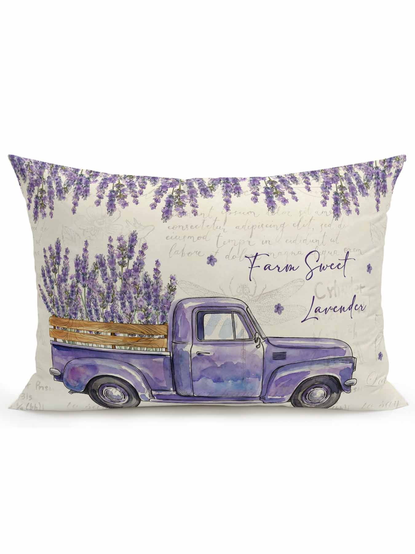 1 Pack Outdoor Throw Pillow, Spring Floral Waterproof Pillow with Insert Included, Purple Lavender Truck Flowers Botanical Beige Decorative Accent Cushion Lumbar Pillows for Patio Porch, 12 x 20 In