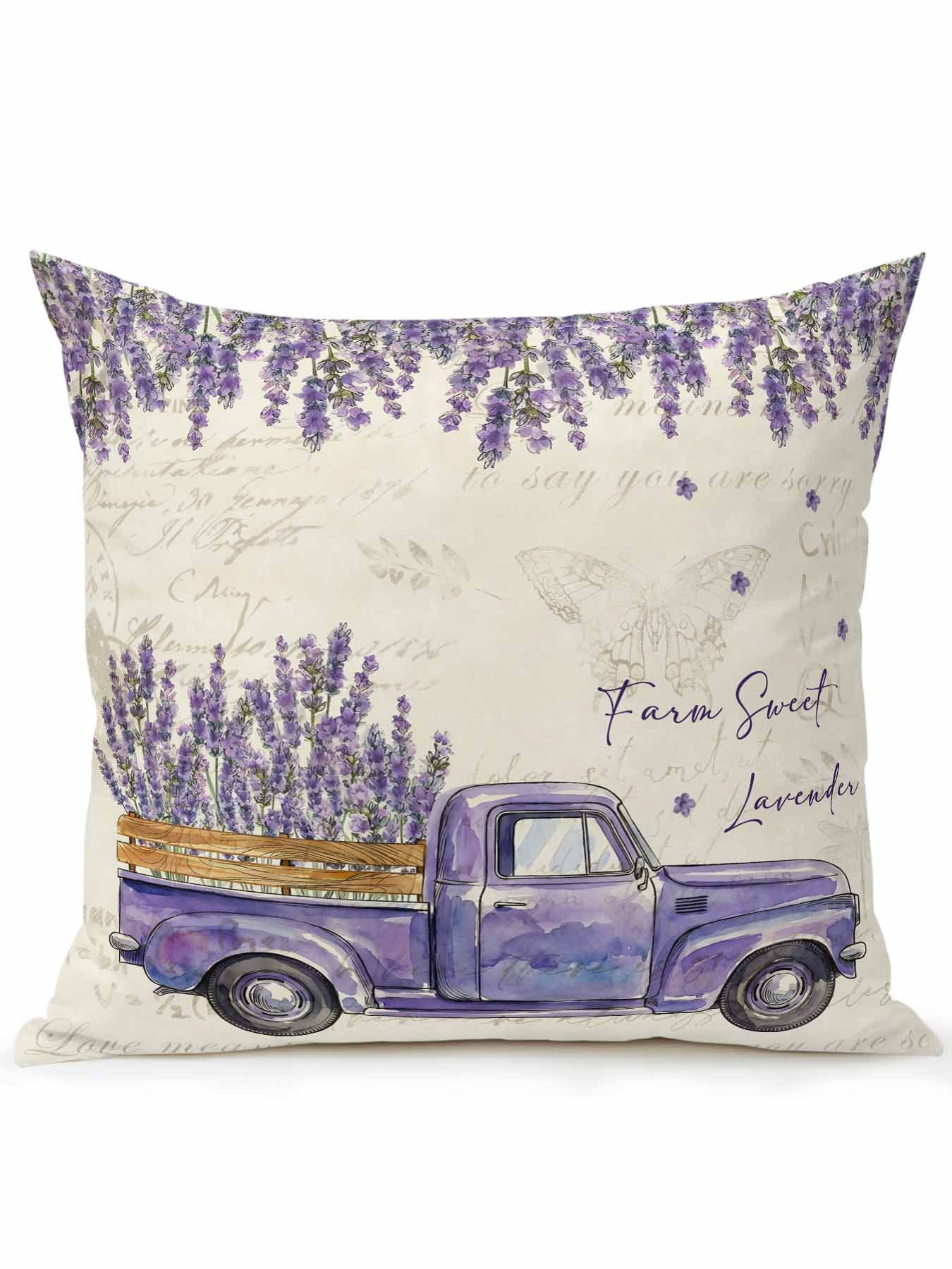 1 Pack Outdoor Throw Pillow, Spring Floral Waterproof Pillow with Insert Included, Purple Lavender Truck Flowers Botanical Beige Decorative Accent Cushion Sofa Pillows for Patio Porch, 18 x 18 In