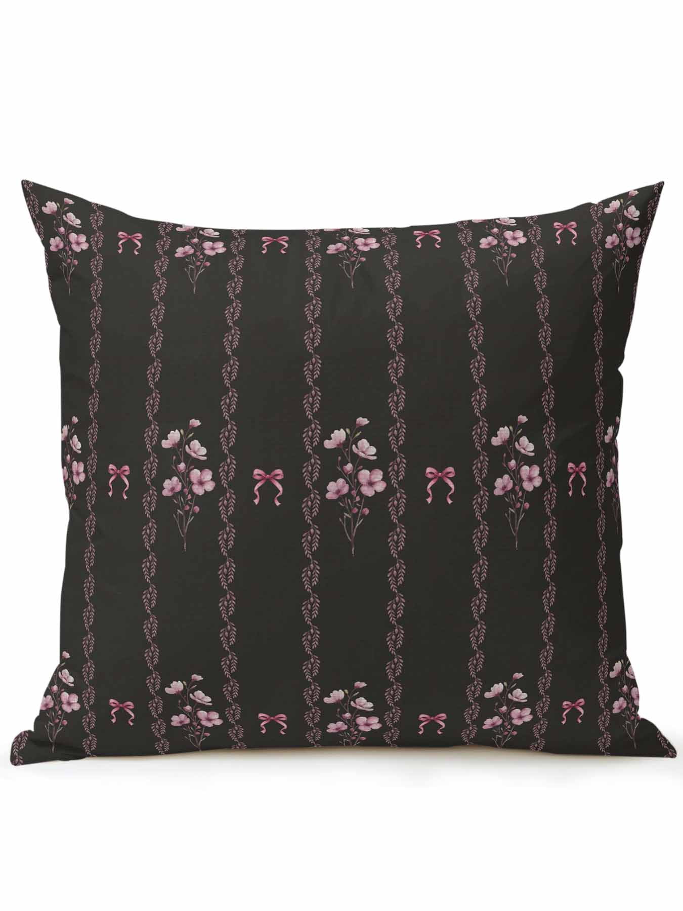 1 Pack Outdoor Throw Pillow, Spring Floral Waterproof Pillow with Insert Included, Vintage Bohemia Flowers Leaves Bows Black Decorative Accent Cushion Sofa Pillows for Patio Porch, 16 x 16 In